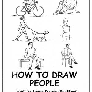 May include: A black and white printable figure drawing workbook titled HOW TO DRAW PEOPLE by Cozy Escape Studio. The page features line art illustrations of people cycling, sitting, walking a dog, and a simplified anatomical torso guide.