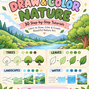 Peut inclure: Une couverture de livre de dessin intitulée How to Draw & Color Nature avec 30 Step-by-Step Tutorials. Elle présente des illustrations colorées d'arbres, de feuilles, de paysages et d'eau, ainsi que 5 Nature Practice Scenes par Cozy Escape Studio.