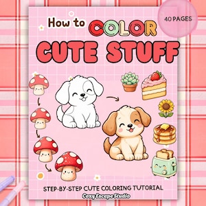 Puede incluir: Un libro para colorear de 40 páginas titulado How to Color Cute Stuff, que presenta un tutorial de coloreado paso a paso de Cozy Escape Studio. La portada muestra ilustraciones de setas, cachorros, una suculenta, pastel, girasol, tortitas y una tostadora.