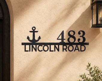 Coastal Anchor Address Sign | Custom House Numbers with Street Name | Black Metal Outdoor Sign