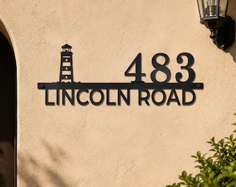Coastal Lighthouse Address Sign | Custom House Numbers with Street Name | Black Metal Outdoor Sign