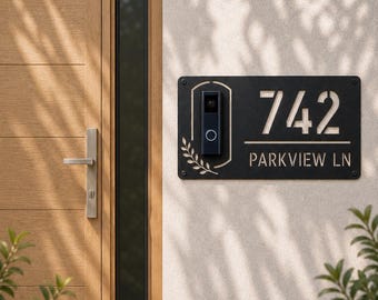 Custom Botanical Address Plaque, Metal Laurel  House Number Sign, Video Doorbell Mount (Ring Nest Eufy)