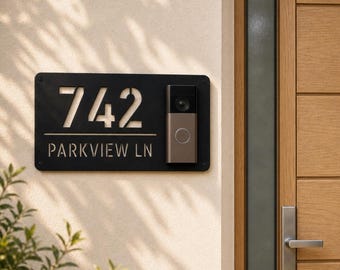 Custom Modern Doorbell Metal Address Plaque, House Number Sign, Video Doorbell Mounting Plate (Ring Nest Eufy Arlo Blink)