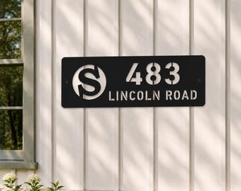 Modern Monogram Address Sign | Personalized Initial House Numbers | Black Stainless Steel Outdoor Address Plaque