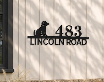 Custom Dog Metal Address Sign | Black Stainless Steel House Numbers, Street Name