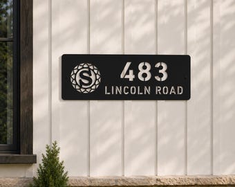 Wreath Monogram Address Sign | Personalized Initial House Numbers | Black Stainless Steel Outdoor Address Plaque