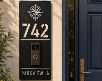 Custom Compass Doorbell Address Plaque, House Number Metal Sign, Video Doorbell Mounting Plate, Compatible with Ring Nest Eufy Arlo Blink