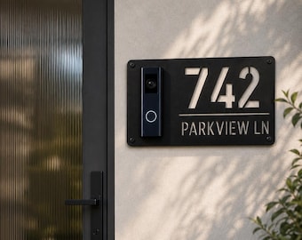 Custom Modern Doorbell Metal Address Plaque, House Number Sign, Video Doorbell Mounting Plate (Ring Nest Eufy Arlo Blink)