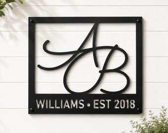 Custom Interlocking Initials Monogram Sign, Family Name Established Year Metal Wall Decor, Housewarming Gift