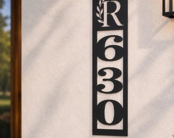 Personalized Laurel Corner House Numbers - Vertical Metal Address Sign with Initial