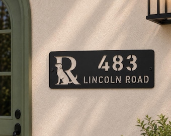 Dog Monogram Address Sign | Personalized House Numbers and Street Name | Black Stainless Steel Plaque