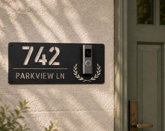 Custom Laurel Wreath Doorbell Address Plaque, Metal House Number Sign, Video Doorbell Mount (Ring Nest)