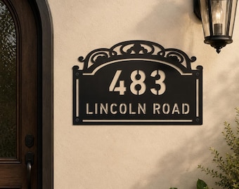 Ornamental Address Sign with Street Name | Decorative House Numbers | Black Stainless Steel Outdoor Address Plaque