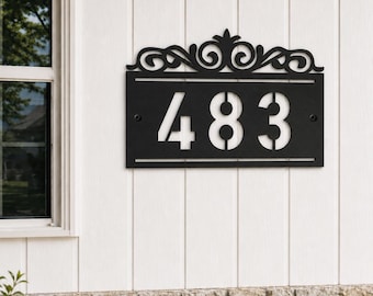 Custom Ornate Metal House Number Sign, Personalized Address Plaque, Matte Black Farmhouse Decor