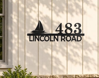 Custom Coastal Address Sign | Sailboat House Numbers with Street Name | Black Stainless Steel Outdoor Sign
