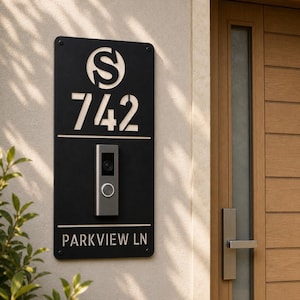 May include: A rectangular black metal house sign featuring a cutout letter S, the number 742, and the text PARKVIEW LN. A silver video doorbell is mounted in the center of the sign, which is attached to a light-colored wall next to a wooden door.