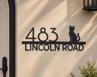 Custom Cat Address Sign | BlackMetal House Numbers, Street Name Home Decor