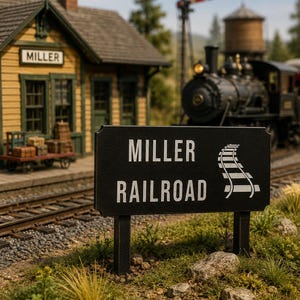 May include: A black rectangular sign with white text reading MILLER RAILROAD and a graphic of curved train tracks. The sign is mounted on two posts in a grassy area, positioned in front of a model train station and a steam locomotive.