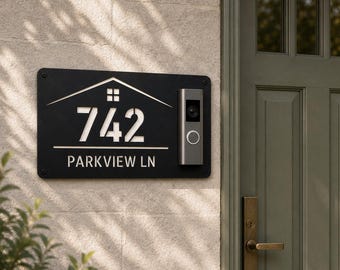 Custom Roofline Doorbell Address Plaque, Modern Metal House Number Sign, Video Doorbell Mount(Ring Nest Eufy Arlo Blink)