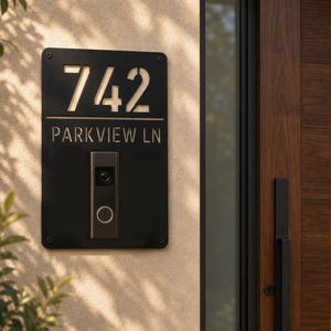 May include: A rectangular black metal address plaque featuring the laser-cut numbers 742 and the text PARKVIEW LN. A dark-toned video doorbell is mounted in the center of the plaque, which is secured to the wall with four visible corner screws.