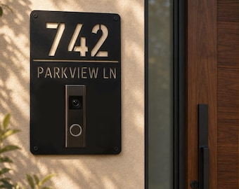 Custom Modern Doorbell Address Plaque, House Number Metal Sign, Video Doorbell Mounting Plate, Compatible with Ring Nest Eufy Arlo Blink