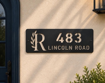 Botanical Monogram Metal Address Sign | Personalized Laurel Initial House Numbers, Black Stainless Steel Plaque