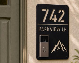 Custom Mountain Doorbell Address Plaque, House Number Metal Sign, Video Doorbell Mounting Plate, Compatible with Ring Nest Eufy Arlo Blink