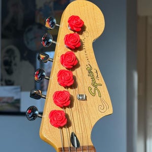 May include: A close-up of a guitar headstock with six red rose-shaped tuning pegs. The headstock is light brown with the words "Squier Jazzmaster Fender" printed in gold. The strings and fretboard are visible.