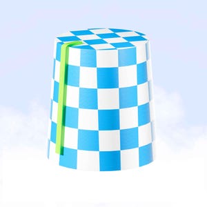 May include: A tall, cylindrical cup with a blue and white checkered pattern. A bright green straw is placed on the side of the cup. The cup is set against a light blue background.