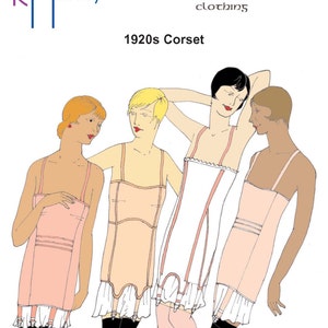 May include: Illustration of three women wearing 1920s corsets. The corsets are pink, beige, and white with a variety of details. The text "1920s Corset" is at the top of the image.
