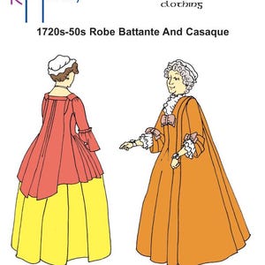 Puede incluir: Dos mujeres vistiendo ropa de la época 1720-1750. La mujer de la izquierda lleva una robe battante roja con una falda amarilla. La mujer de la derecha lleva una casaca naranja con un cuello y puños blancos. La imagen se titula "1720s-50s Robe Battante And Casaque" y "Patterns for historical clothing".