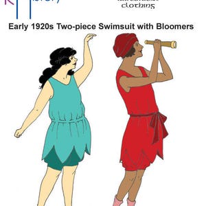 May include: A vintage illustration of two women wearing early 1920s two-piece swimsuits with bloomers. The woman on the left is wearing a turquoise swimsuit with a scalloped hem. The woman on the right is wearing a red swimsuit with a bow at the waist. The illustration is titled "Early 1920s Two-piece Swimsuit with Bloomers".