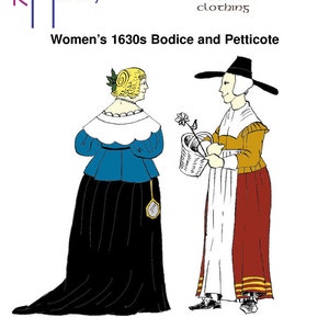Puede incluir: Una ilustración de línea de dos personas con ropa del siglo XVII. Una mujer con un corpiño azul y una falda negra está de pie a la izquierda. Un hombre con una chaqueta amarilla, una camisa blanca y una falda roja está de pie a la derecha. El texto "Women's 1630s Bodice and Petticoat" está en la parte superior de la imagen.