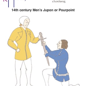 Könnte beinhalten: Zeichnung von zwei Personen in Kleidung aus dem 14. Jahrhundert. Eine Person trägt ein gelbes Jupon und die andere ein blaues Jupon. Der Text "14th century Men's Jupon or Pourpoint" befindet sich oben im Bild.