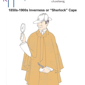May include: A sewing pattern for a 1850s-1900s Inverness or "Sherlock" Cape. The pattern is from Deconstructing History and is number 940. The pattern shows a man wearing a brown and white plaid cape with a white hat.