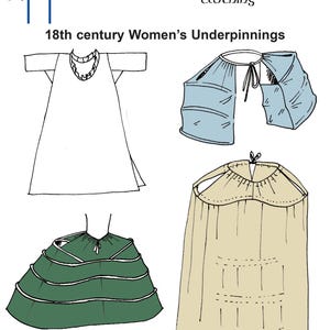 Può includere: Un set di quattro modelli di biancheria intima per donne del XVIII secolo. I modelli sono per una camicia, un corpetto, una gonna e una gabbia di crinolina. I modelli sono disegnati a inchiostro nero su sfondo bianco.