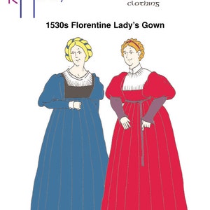 Puede incluir: Ilustración de dos mujeres con vestidos florentinos de la década de 1530. La mujer de la izquierda lleva un vestido azul con un corpiño negro y un cuello blanco. La mujer de la derecha lleva un vestido rojo con un corpiño morado y un cuello blanco. Ambas mujeres tienen el pelo rubio y llevan diademas doradas.