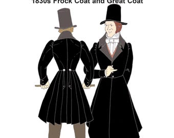 May include: Two men wearing black frock coats and top hats. The man on the left is wearing a brown cravat and the man on the right is wearing a white cravat. The text "1830s Frock Coat and Great Coat" is at the top of the image.