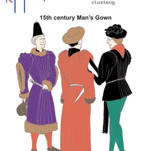 May include: Three men wearing different styles of 15th century gowns. The man on the left is wearing a purple gown with fur trim, the man in the middle is wearing a red gown with fur trim, and the man on the right is wearing a black gown with green trousers.