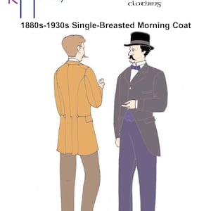 May include: Illustration of two men wearing 1880s-1930s single-breasted morning coats. The man on the left is wearing a yellow coat and the man on the right is wearing a gray coat with a black top hat.