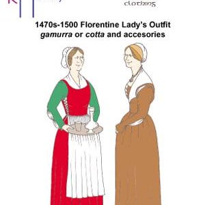 Puede incluir: Dos ilustraciones de mujeres con ropa florentina del siglo XV. La mujer de la izquierda lleva un vestido rojo con un delantal blanco y un vestido verde. La mujer de la derecha lleva un vestido marrón con un cuello blanco. El texto de la imagen dice "1470s-1500 Florentine Lady's Outfit gamurra or cotta and accessories".