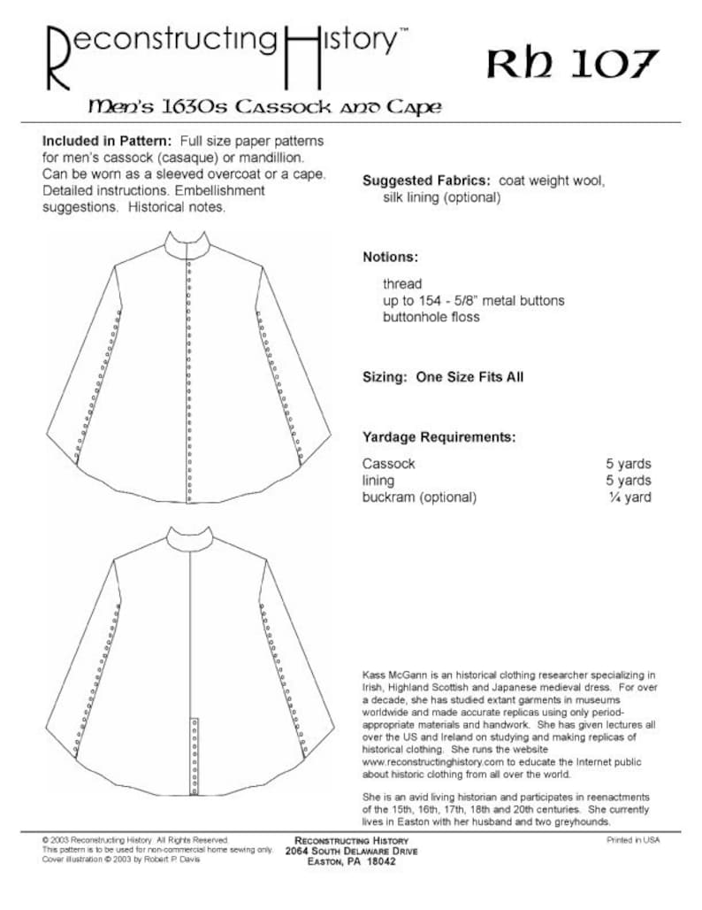 RH107 — Quick Print 17th Century Cassock Pattern - Etsy