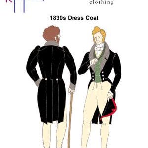 Peut inclure: Illustration en noir et blanc de deux hommes portant des redingotes des années 1830. Les hommes sont debout côte à côte, et le texte "1830s Dress Coat" est écrit au-dessus d'eux.