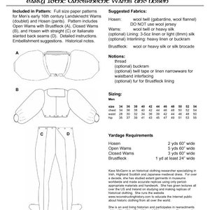 May include: A black and white line drawing of a pattern for a 16th century Landsknecht Wams and Hosen. The pattern includes instructions for making the garment, as well as suggested fabrics and notions. The pattern is titled "Reconstructing History Rh 502 early 16thc Landsknecht Wams und hosen".