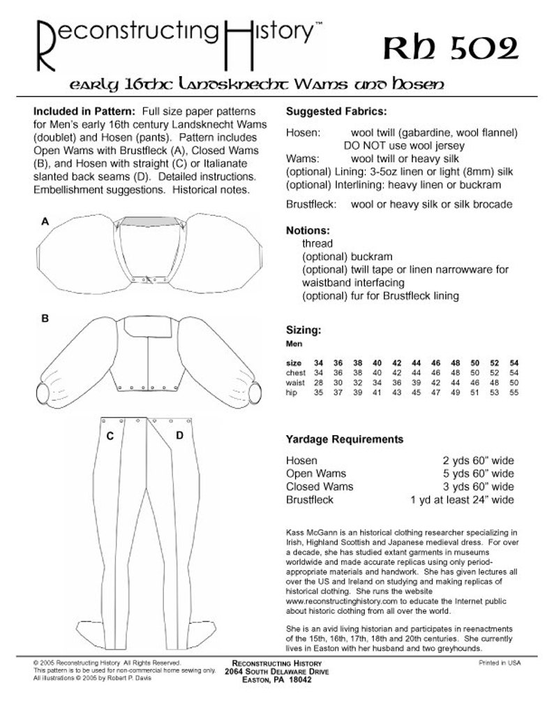 May include: A black and white line drawing of a pattern for a 16th century Landsknecht Wams and Hosen. The pattern includes instructions for making the garment, as well as suggested fabrics and notions. The pattern is titled "Reconstructing History Rh 502 early 16thc Landsknecht Wams und hosen".