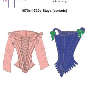 May include: Two illustrations of 17th and 18th century corsets, also known as stays. The first corset is pink with long sleeves and a laced front. The second corset is blue with a pointed bottom and no sleeves. The text "1670s-1720s Stays (corsets)" is at the top of the image.