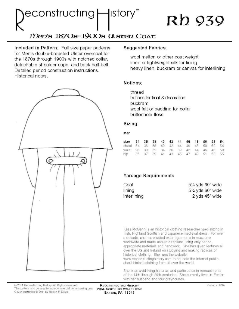 RH939 Quick Print Gentlemans Ulster Top Coat Pattern Etsy