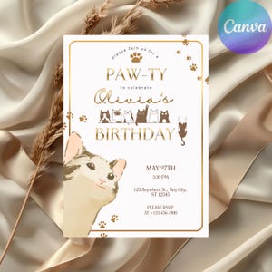 Cat Birthday Invitation Template | Paw-ty Kitten Party | Neutral (Instant Download)