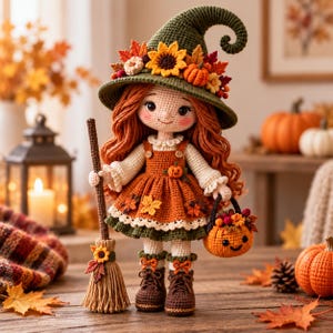 Könnte beinhalten: Eine gehäkelte Puppe mit langem, welligem rotem Haar trägt einen grünen spitzen Hut, der mit Sonnenblumen und Kürbissen verziert ist. Die Puppe trägt ein orangefarbenes Kleid mit Kürbis-Applikation, braune Stiefel und hält einen Besen und einen Kürbiskorb.