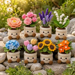 Può includere: Otto piante in vaso all'uncinetto con facce sorridenti, che presentano vari fiori tra cui rose rosa, lavanda viola, mughetti bianchi, ortensie blu, tulipani gialli e rosa, girasoli e fiori arancioni in vasi color crema.